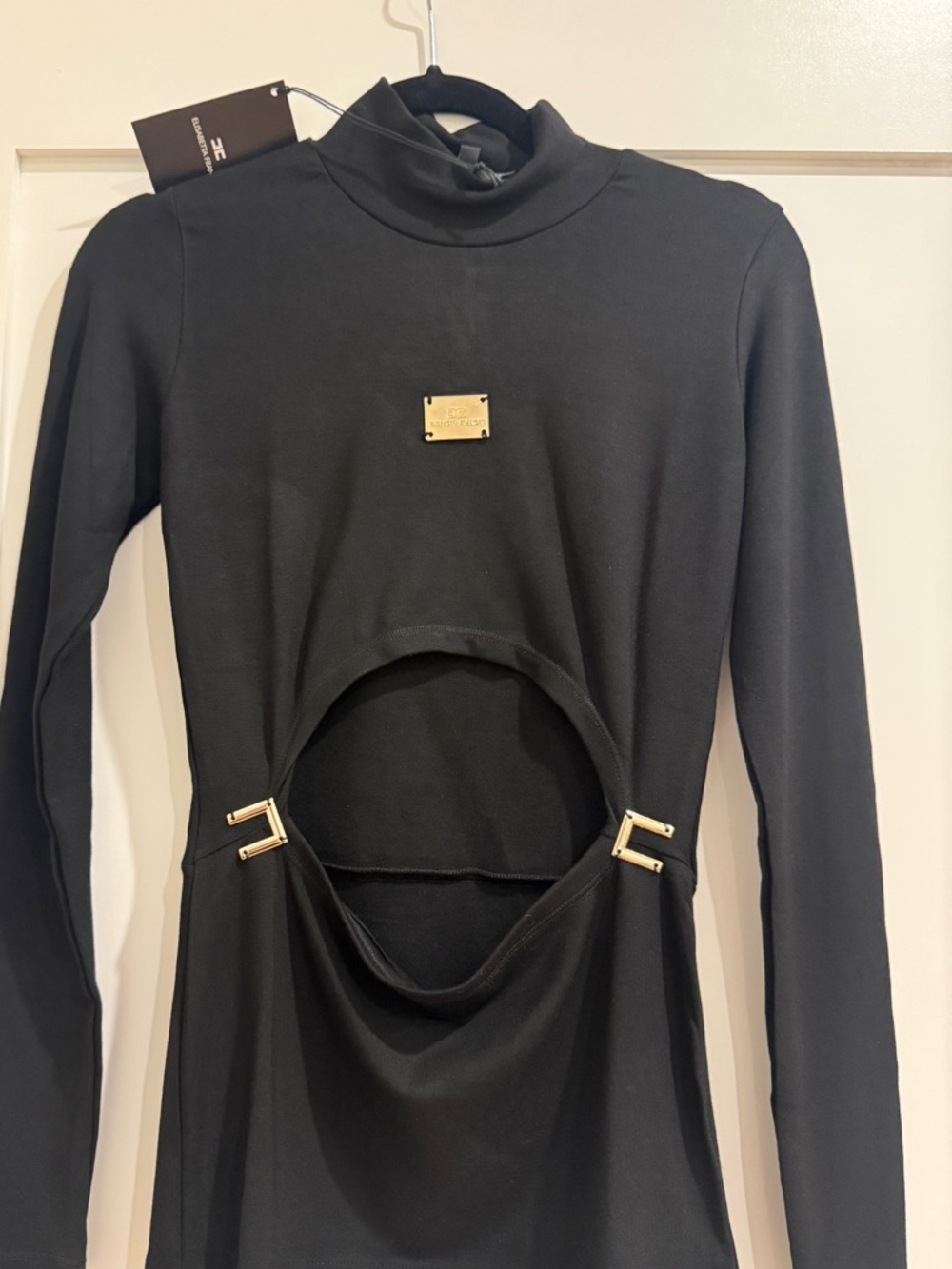 Black Long-Sleeve Cutout Mock Neck Top with Gold Hardware - Picture 4 of 9